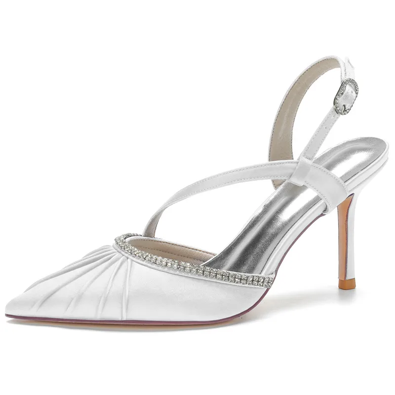 Туфли-лодочки свадебные атласные заостренный носок высокий каблук-шпилька со