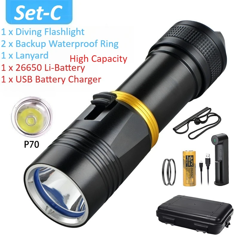 Водонепроницаемый алюминиевый фонарик XHP70 для дайвинга 6000 люмен