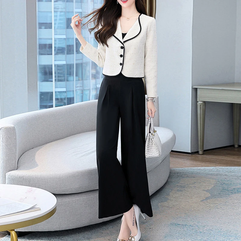 

Женский новый шикарный укороченный пиджак и брюки с высокой талией, комплекты с широкими штанинами, наряд, комплект из двух предметов, модная женская осенняя одежда