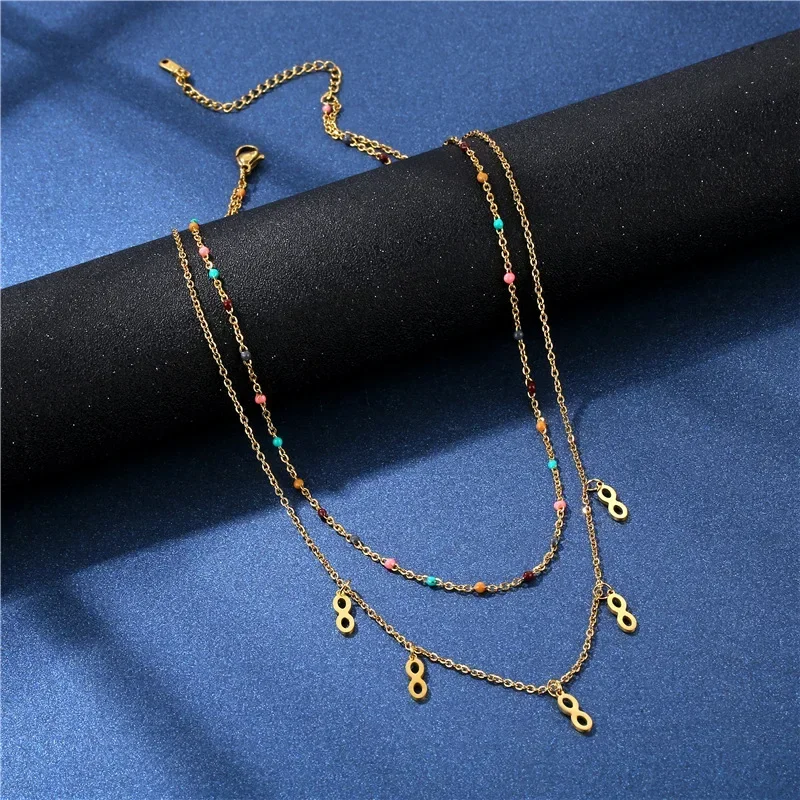 Двухслойное ожерелье номер 8 Геометрическая цепочка из нержавеющей стали с