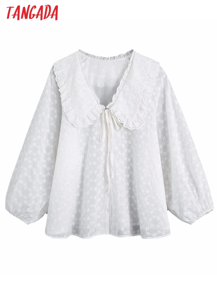 

Tangada Women Retro Embroidery Romantic Cotton Blouse Shirt Peter Pan Collar Long Sleeve 2022 Female Shirt Tops CE86