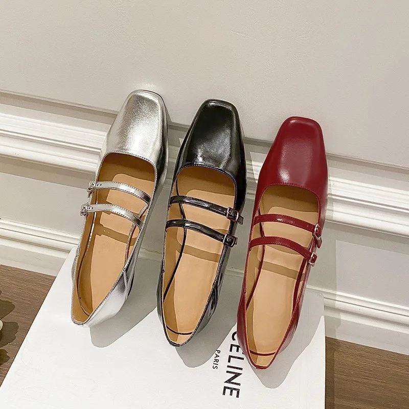 

2023 New Square Head Mary Jane Shoes Women's Versatile Retro One-line Buckle Temperament Shallow Mouth Single Shoes Women