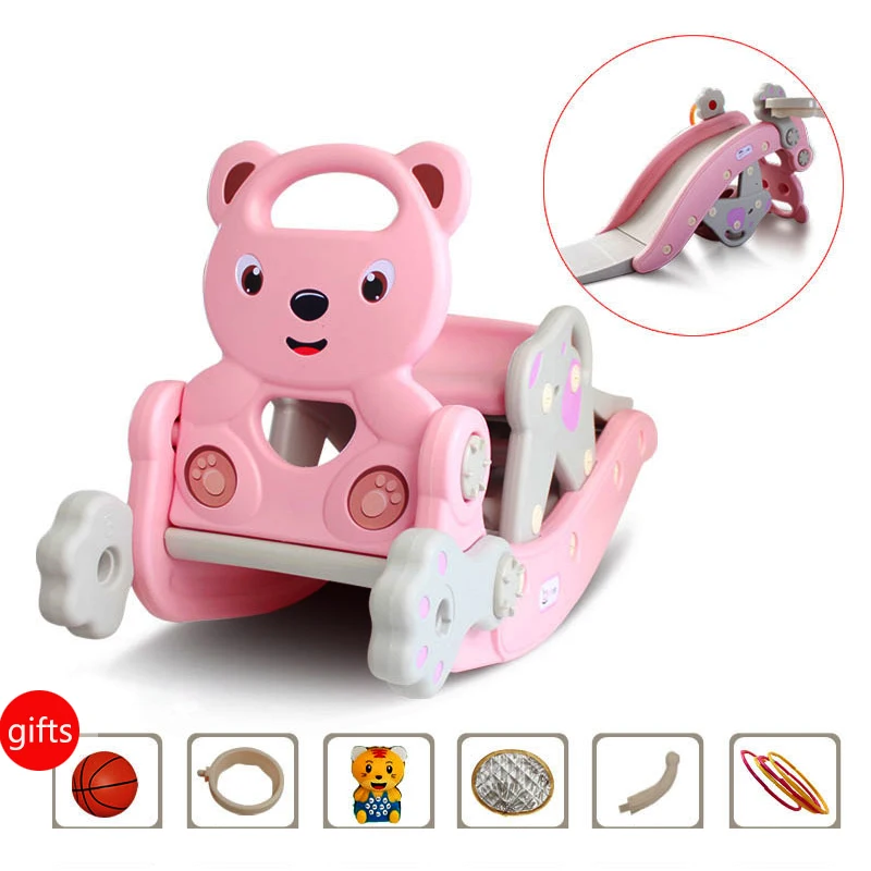 

2022 Baby Rocking Horse Chair Slide With Basketball Hoop 2 In 1 Children Playground Trojan Set Baby Birthday Gifts 1-6 years old