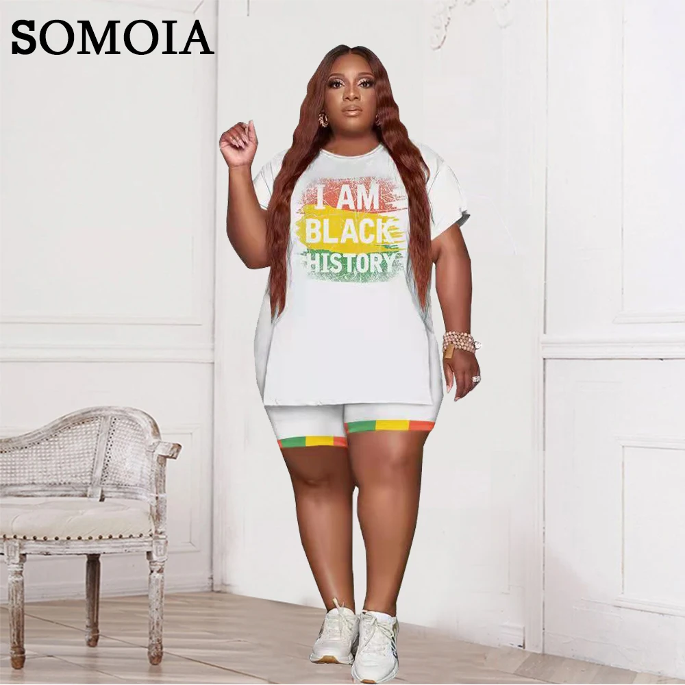 

SOMOIA Plus Size Women Clothing Fashion Casual Round Neck Print Suit T-Shirt Shorts Sports Two-Piece Set Wholesale Dropshipping