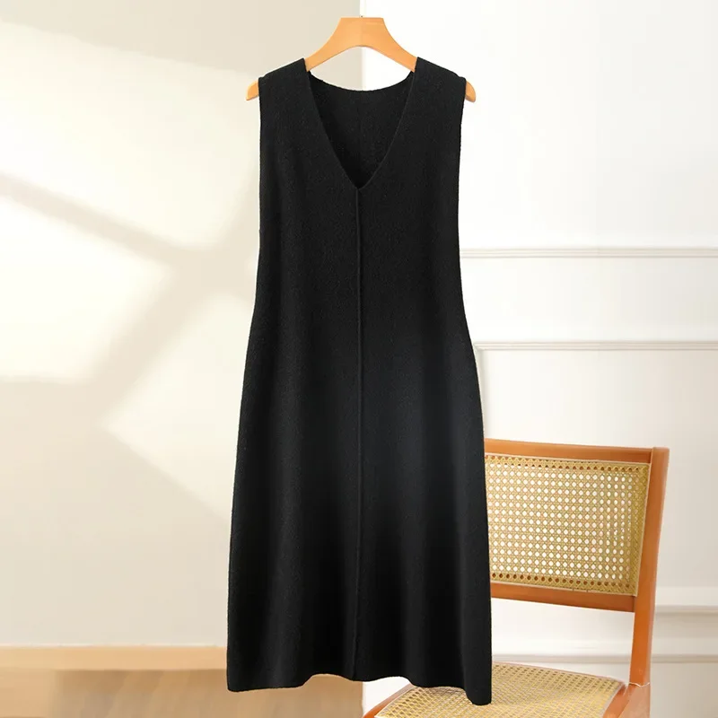Осень/зима новое вязаное платье-жилет из 100% чистой шерсти женское длинное платье