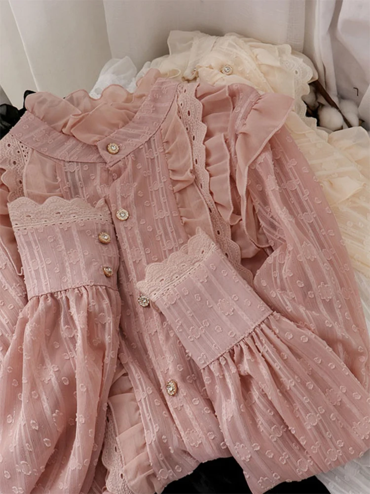 Женская кружевная рубашка в стиле Харадзюку розовая Элегантная блузка с длинным