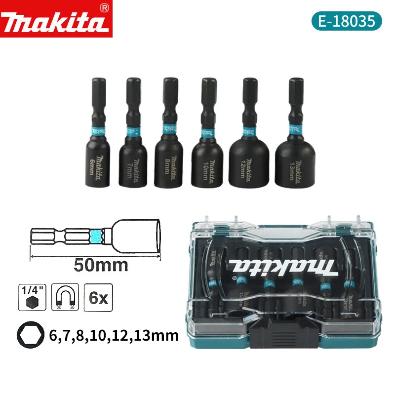 Makita E-18035 электрическая отвертка шестигранная ручка Магнитная Втулка набор из 6 предметов 1/4 дюйма ударопрочная втулка 6/7/8/10/12/13 мм