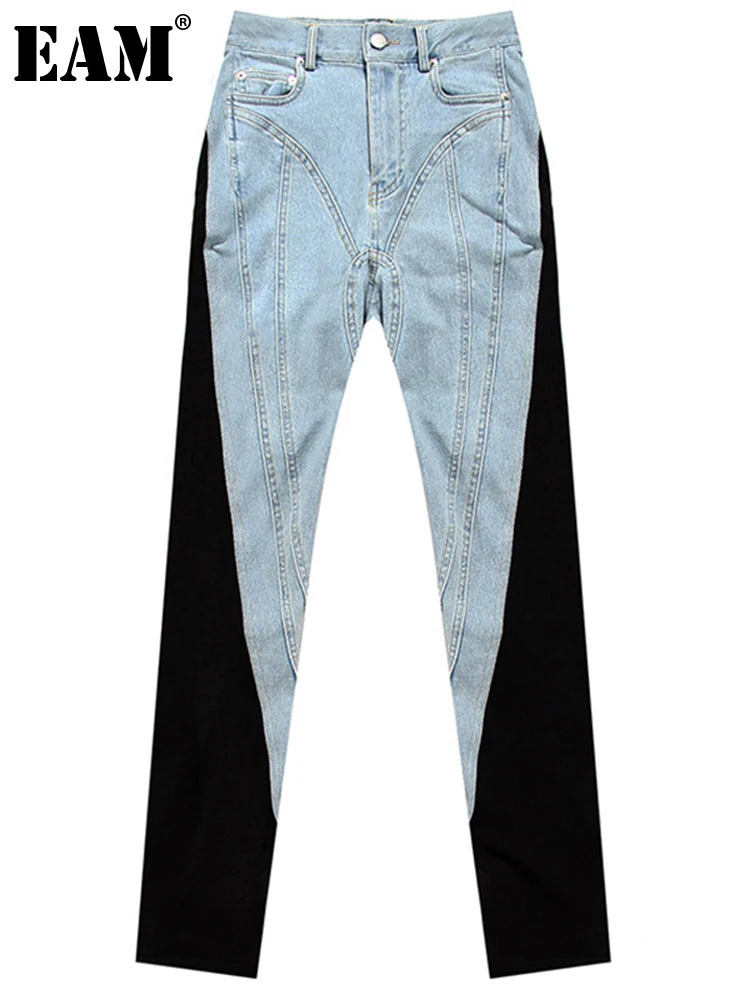 [EAM] джинсы с высокой талией и цветными блоками Длинные повседневные широкими