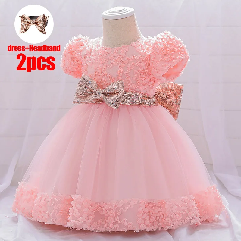 

Send Headban Pink Sequin Baby Girl Dress First Birthday Dress For Kids Christening Big Bow Party Wedding Princess Dresse