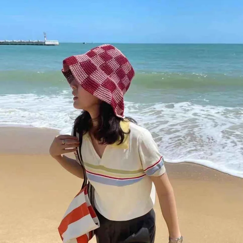 

Women Knitted Lattice Fisherman Hat Handmade Crochet Color Matching Basin Hat Spring and Autumn Knitted Sunscreen Sun Hat