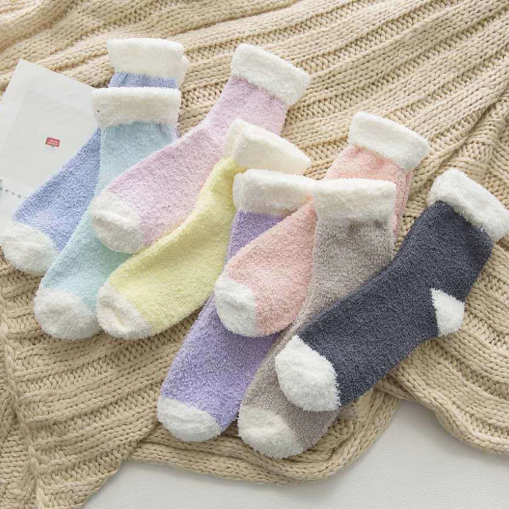 8 Pairs Winter Flanging Solid Color Women Coral Fleece Socks Warm and Thickened Fuzzy Love Half Fleece Floor Socks Wholesale