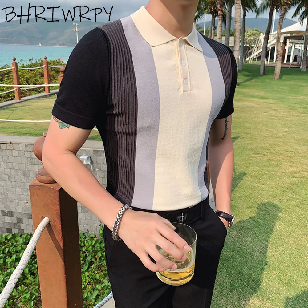 

BHRIWRPY 2023 New High Quality Knitted Polo Shirt Men's Polo Shirts Golf Polo Shirt Fashion Ice Silk Half Sleeve T-shirt