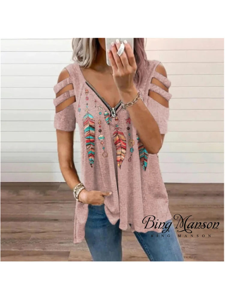 

2023 Summer New Women's V-neck Zipper Pullover Printed Short Sleeve Loose T-shirt Y2k Top Harajuku Goth Oversized T Shirt