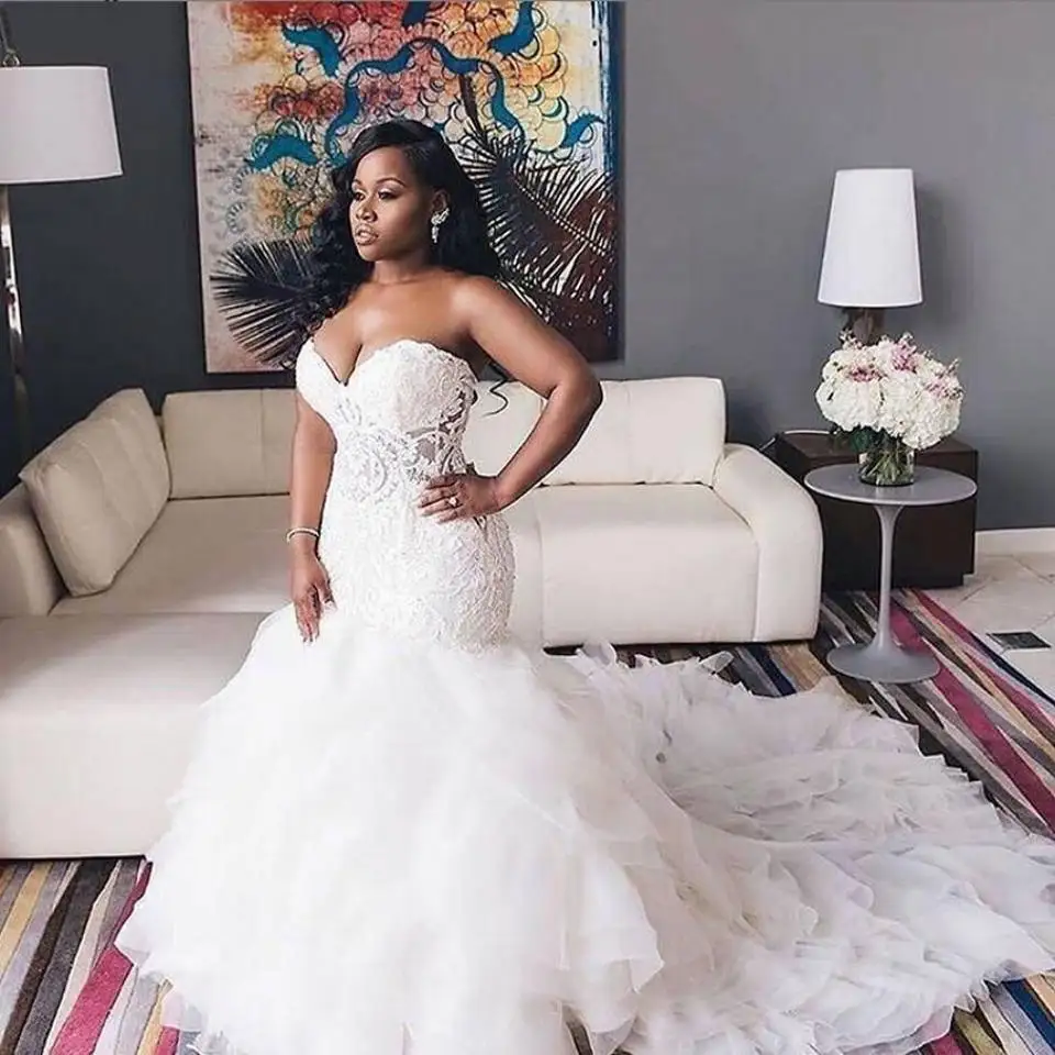 

African Sweetheart Mermaid Wedding Dresses Lace Plus Size Tiered Sweep Train Wedding Vestidos Gowns