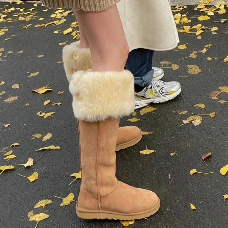 

Зима 2022, меховые зимние сапоги, женские утолщенные сапоги с высоким хлопком, с двумя круглыми рукавами, женские сапоги до колена