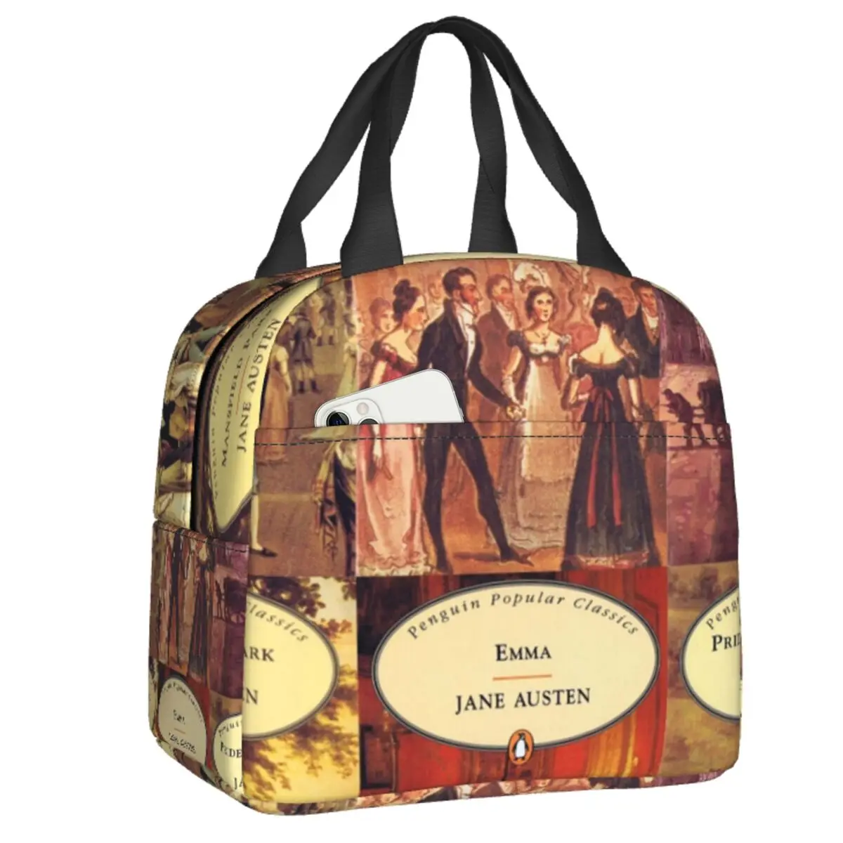 

Jane Austen Vintage Books Insulated Lunch Tote Bag for Women Resuable Thermal Cooler Bento Box Work School Travel