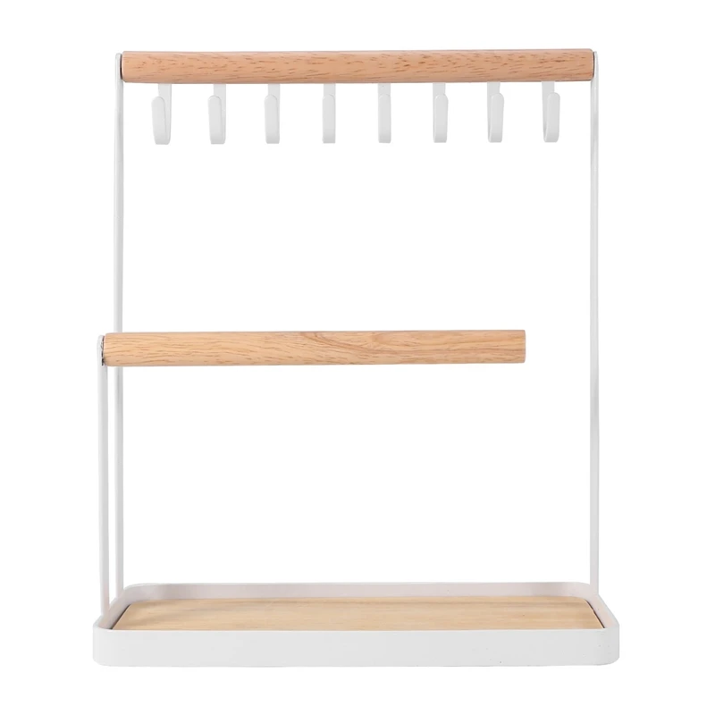 SEWS-подставка для ювелирных изделий с деревянным подносом колец и крючками