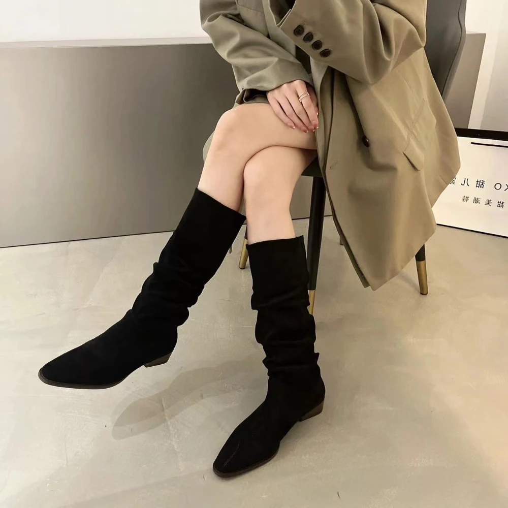 Western cowboy thick heel pile shoes women autumn style 2023 new but knee boots female style big girt female boots