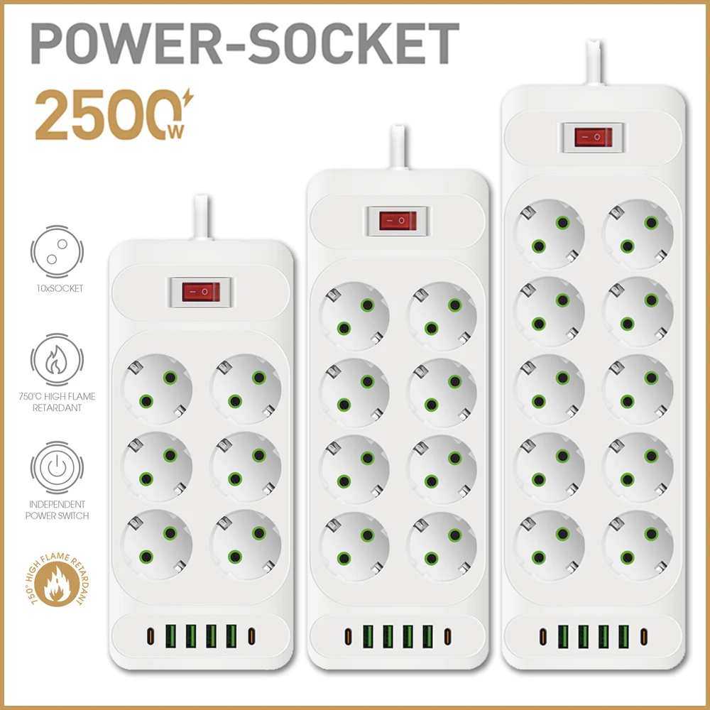 

EU Plug Power Strip AC Outle With USB Type C Extension 2m Cord Master Switch Multiprise Electrical Socket Network Filter Adapter