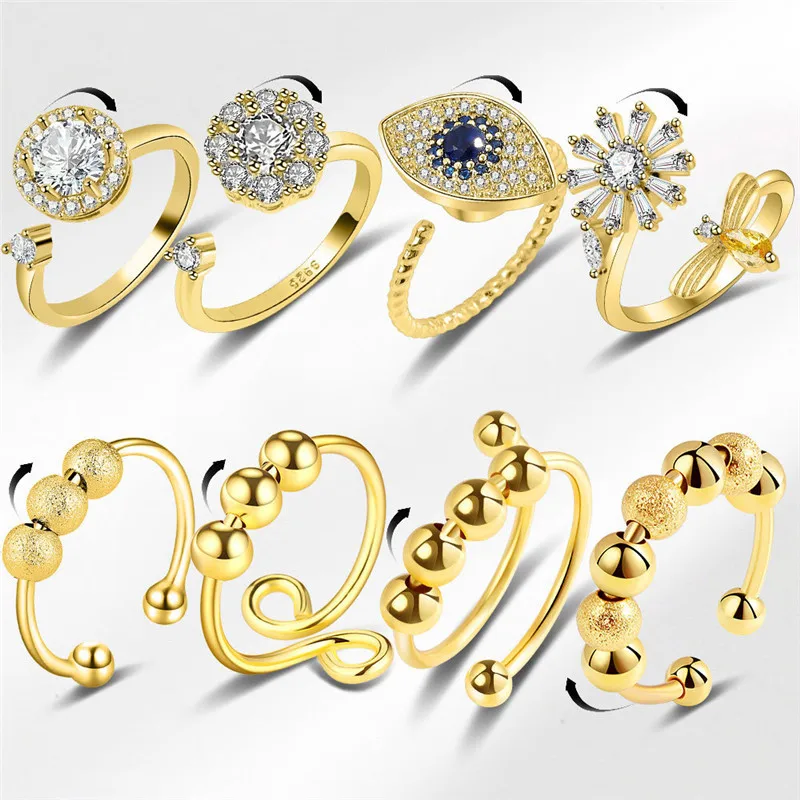 Золотые богемные шарнирные кольца с матовым шариком регулируемые циркониевые