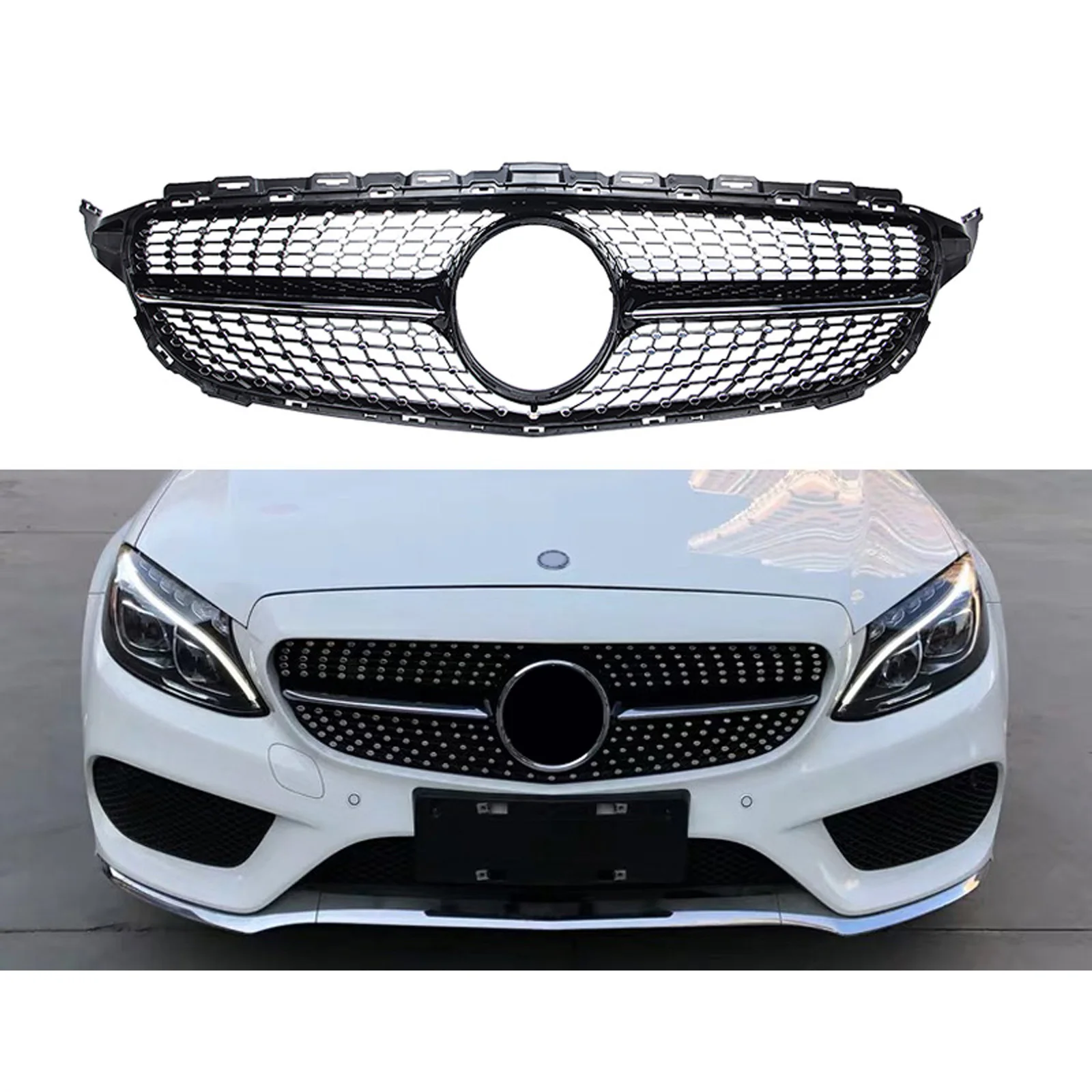 

Fit for Mercedes Benz C-Class W205 15-18 Front Grille Diamond Black Silver