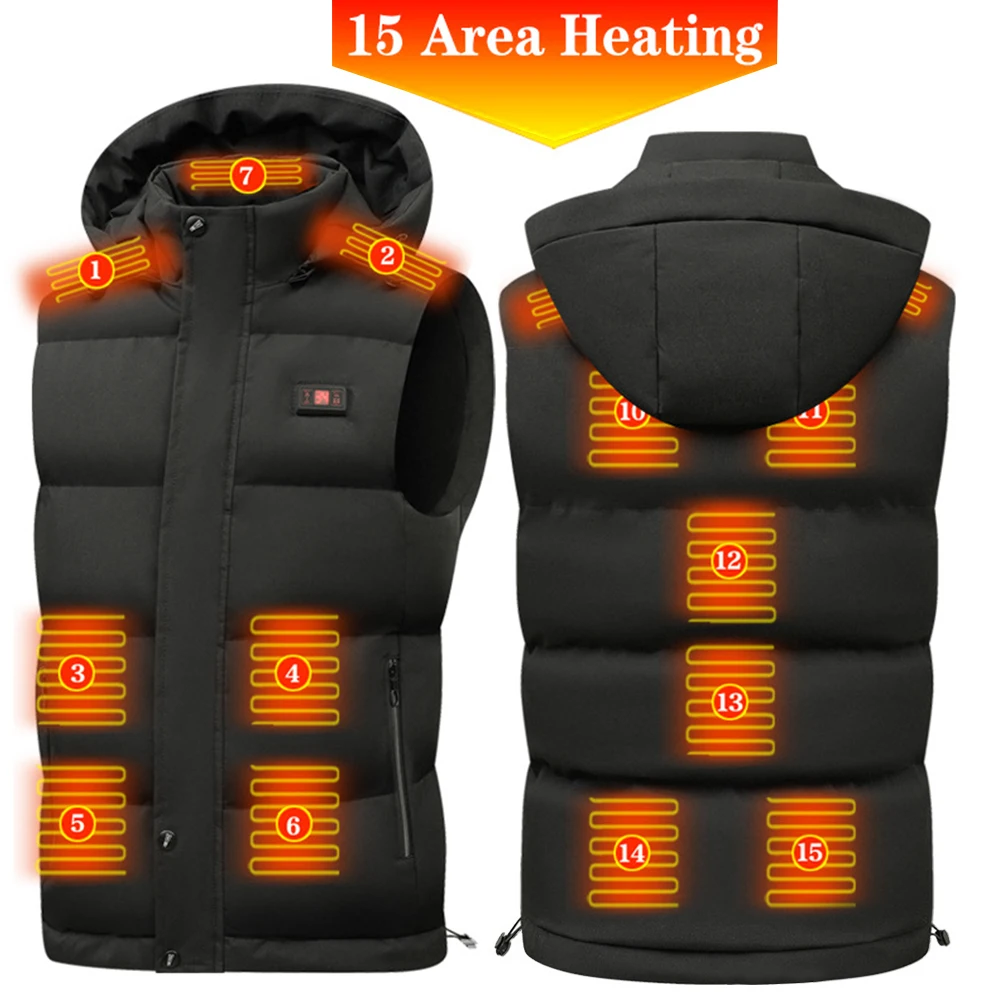 

15 Zones Heated Vest Hooded Thermal Electric Heated Jackets Men Women Sportswear Heating Cotton Jacket For Camping Warm Clothes