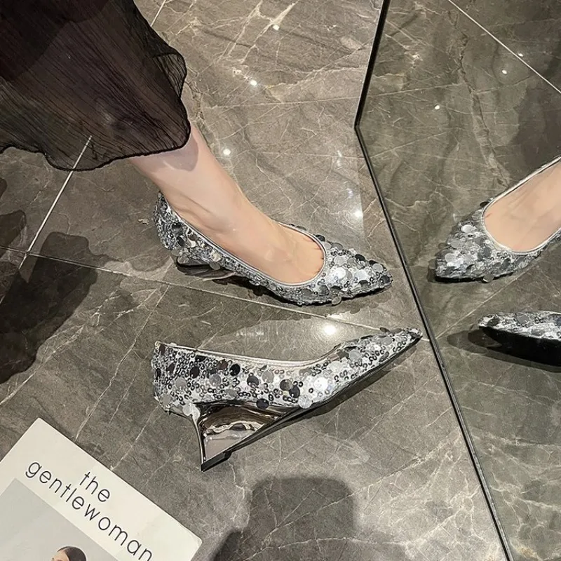 Сексуальные блестящие женские тапочки туфли-мулы модельные вечерние летние