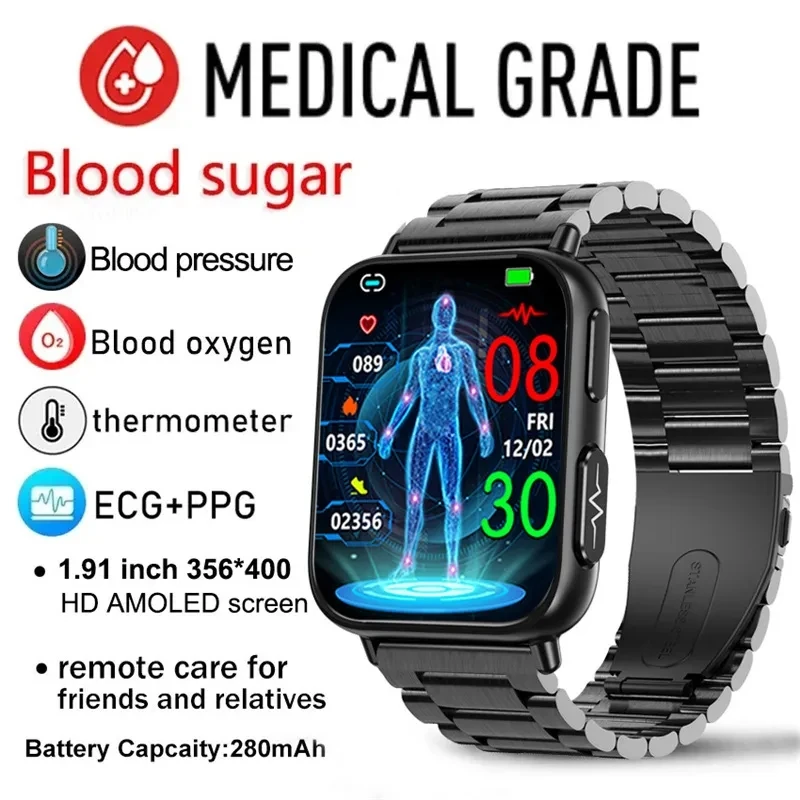 

2023 New Blood Sugar Smartwatch Men 1.91 inch 365*400 HD Screen ECG+PPG Smart Watch Monitoring Non-invasive Blood Glucose Watch