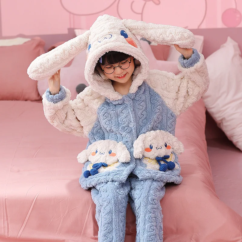 

Sanrio Kawaii Cinnamoroll Hellokitty детские плюшевые пижамы Аниме плюшевые из двух частей теплые утепленные пижамы Осень Зима домашний комплект для девоче...
