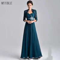 mother of the bride dresses teal blue chiffon spaghetti beaded ruched long formal evening robe de soir%c3%a9e femme with lace jacket