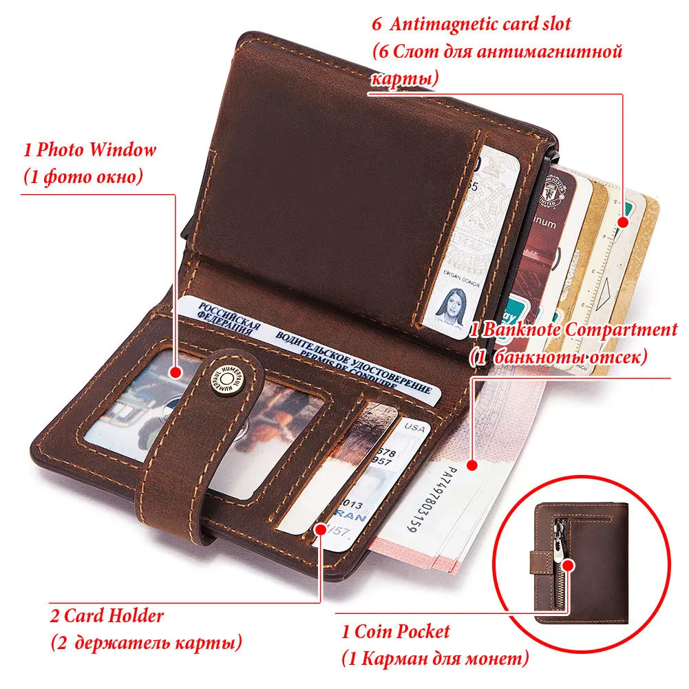 Men's Wallet Crazy Horse Leather Coin Purse RFID Anti-Magnetic Short Wallet Vintage Zipper Leather Card Holder for Men