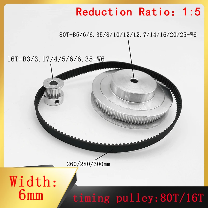 

16 Teeth And 80 Teeth GT2 Timing Pulley Kit 1:5 Speed Ratio Aperture 3-25mm Width 6mm Reducer Pulley 3D Printer