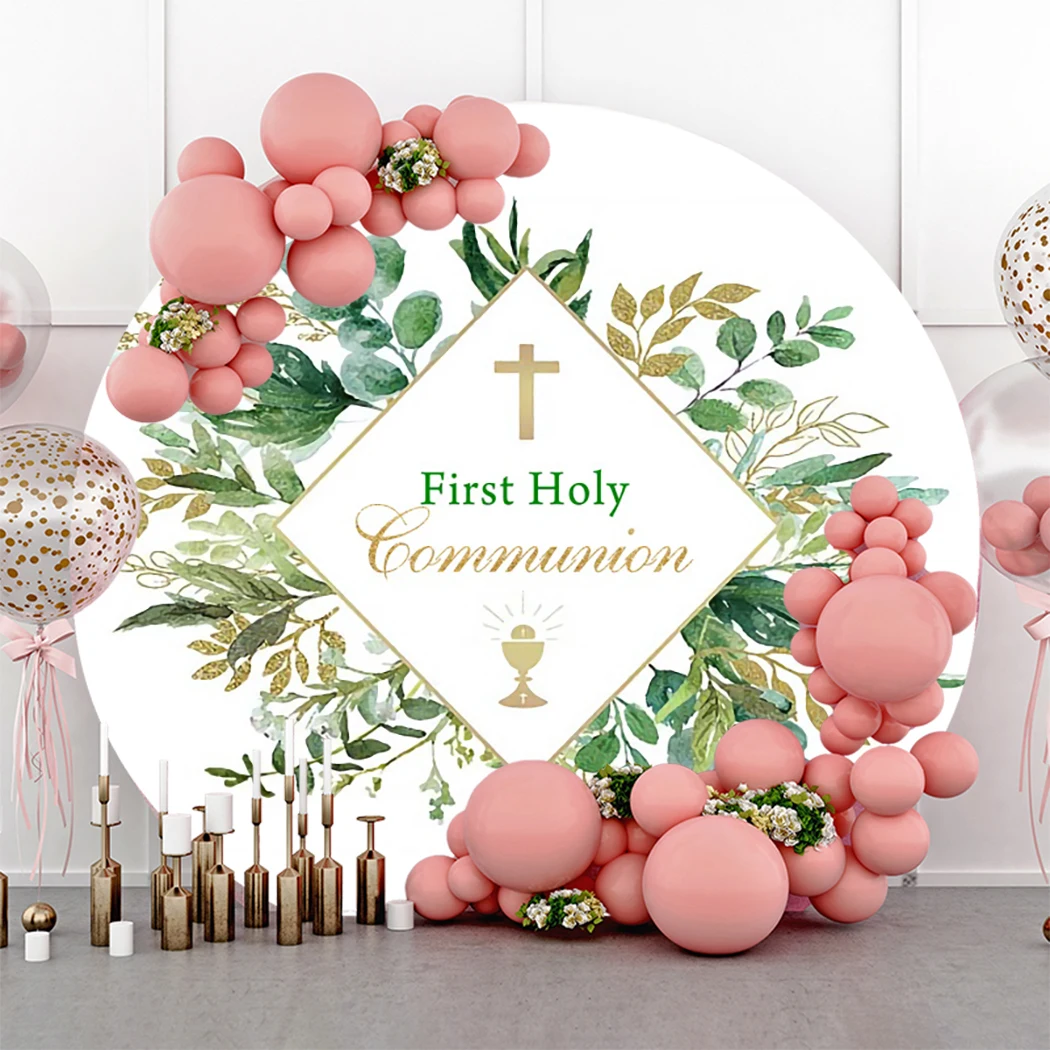 

My First Holy Communion Round Backdrop Photography Newborn Baby Baptism Background Green Leaves Flowers Photo Studio Decorate