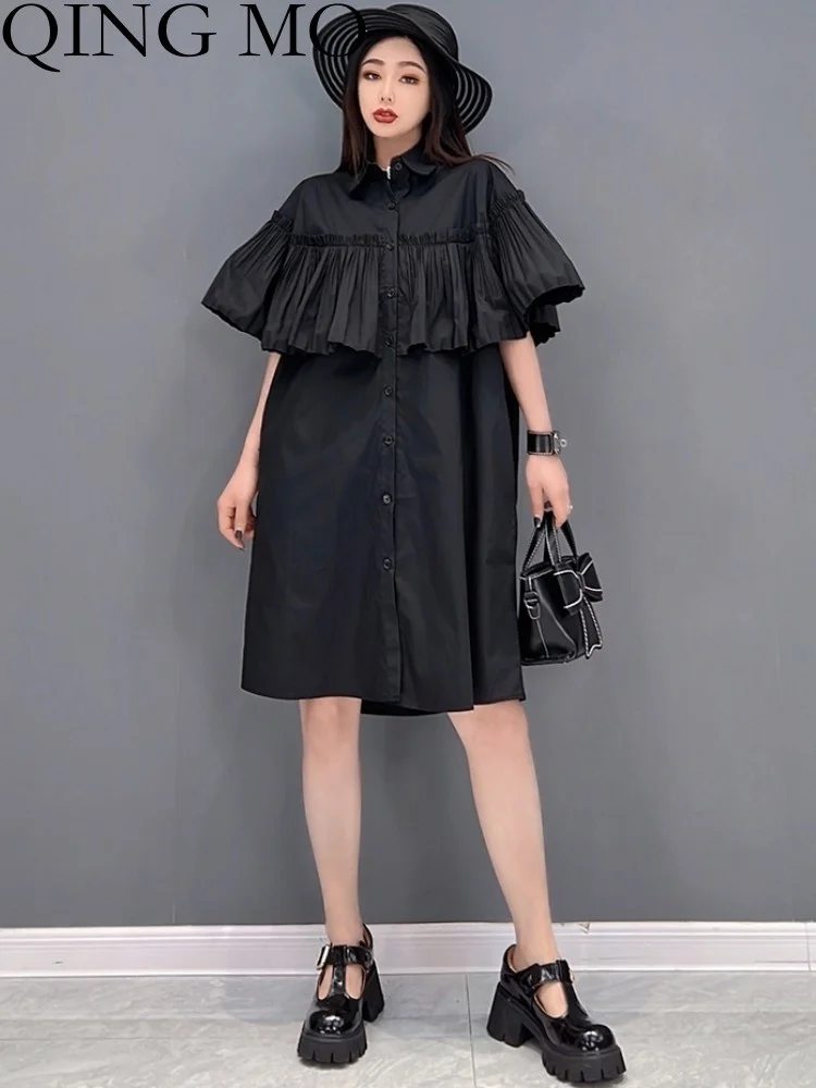 QING MO 2023 Spring New Fashion Shirt Dress Women Black Slim Casual Long Pleated Dress ZXF2074