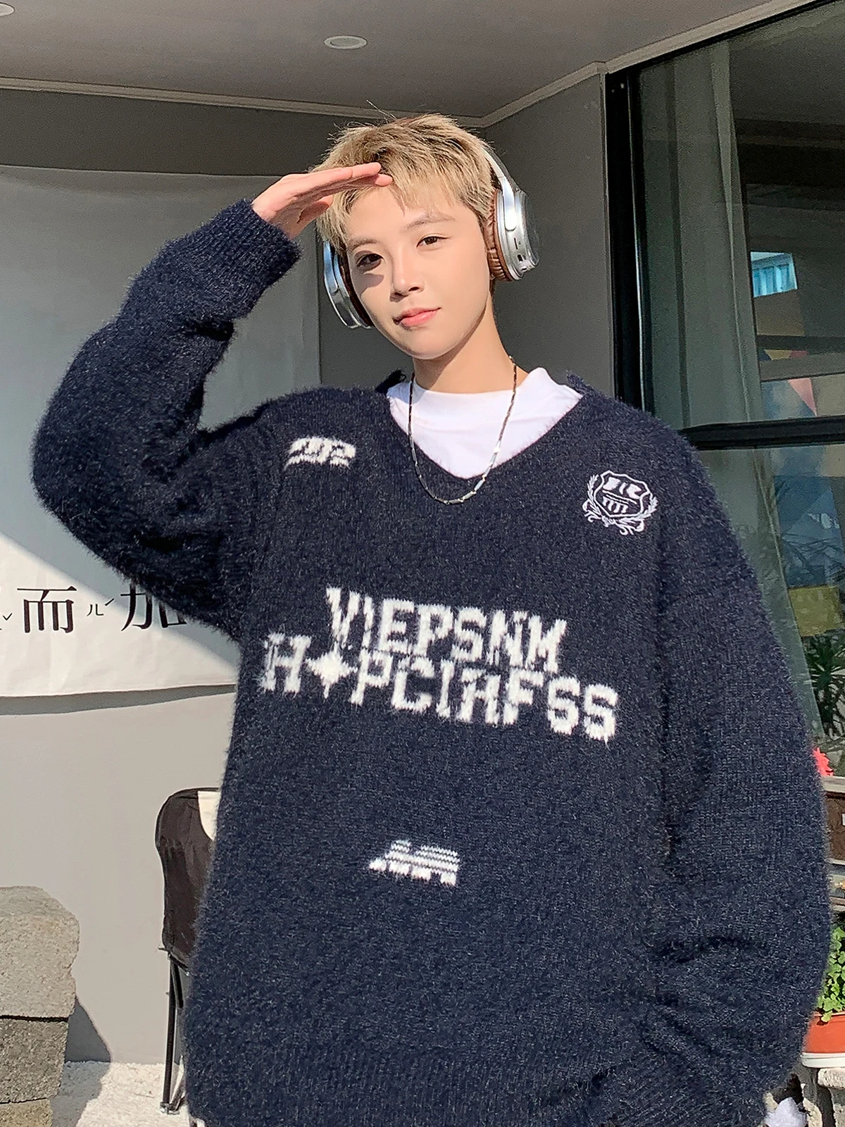 Осенне-зимний свитер с v-образным вырезом и вышивкой букв мужской американский