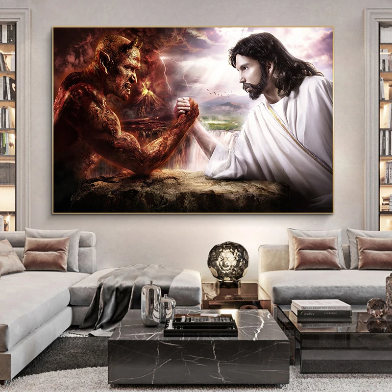 

God Jesus Vs Satan Devil Abstract Canvas Painting Wall Art Poster Printing Religion Picture for Christian Living Room Home Decor