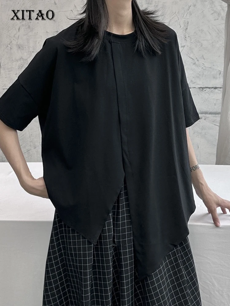 

XITAO Asymmetrical Solid T-Shirt Women Korea 2023 Summer New Arrival Personality Fashion Loose O-neck Short Sleeve Tee WLD11519