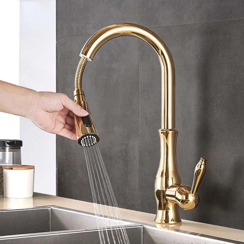 

Faucet Fashion Tap Water Mixer Down Bathroom Gold Sprayer Spout Hot&Cold Kitchen Kitchen Polish Pull Design Swivel Sink