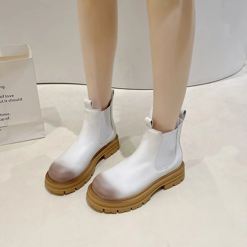 2022 Autumn and Winter Women Ankle Boots Pu Leather Chunky Boots Round Toe Platform Chelsea Boots Fashion Platform Boots Female