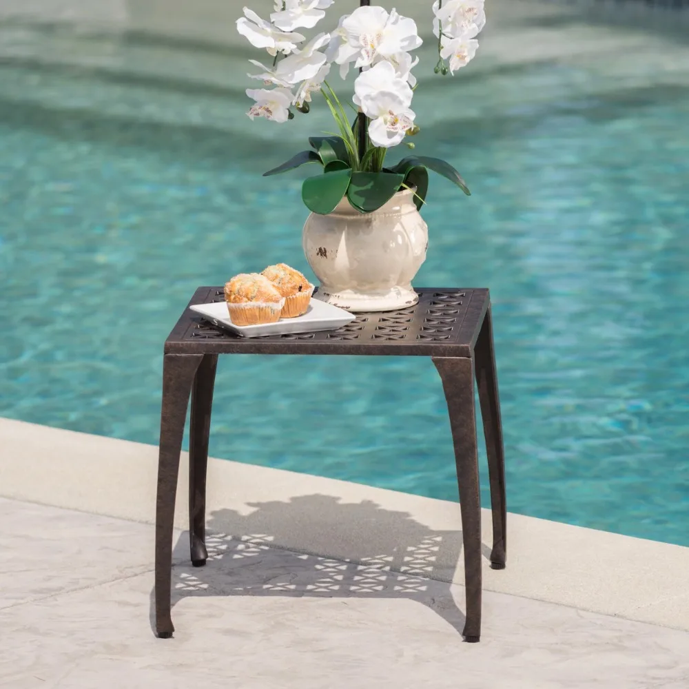 

Outdoor 18" Finished Cast Aluminum Side Table Courtyard Garden Table Square Outdoor Table Bronze Outdoor Camping Table