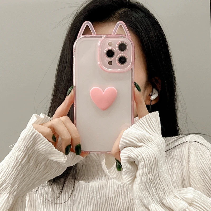 

Cute Cartoon Cat Ear Love Heart Transparent Soft Phone Case For iPhone 11 12 13 Pro Xs Max X X 7 8 Plus Soft Silicone Cover