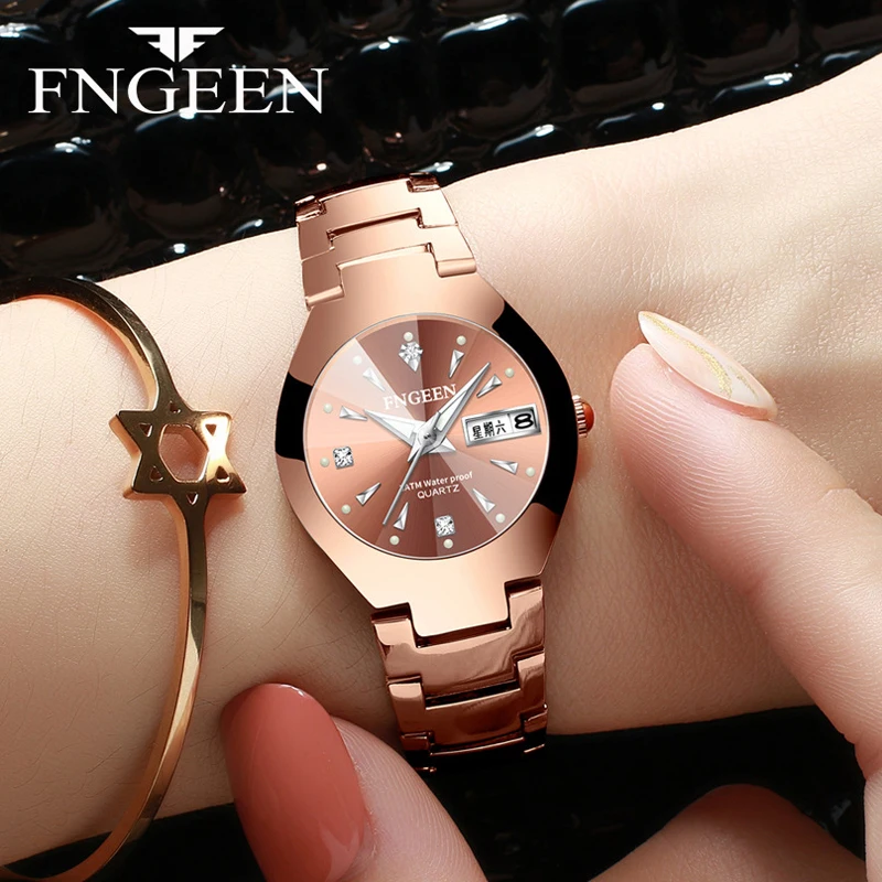 FNGEEN Brand Luxury Rose Gold Couple Watches Men Women Watch Fashion Steel Wristwatch for Lovers Relogio Feminino Pair Hour