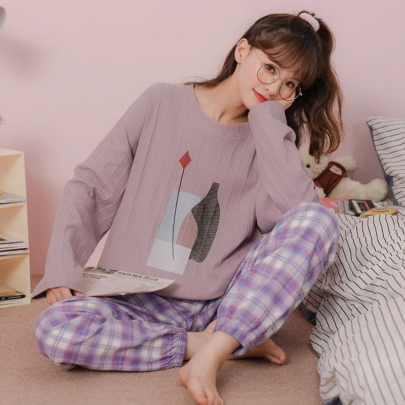 pajamas women's autumn  winter long sleeved trousers pure cotton sweet  lovely cartoon loose home clothes can be worn out suit