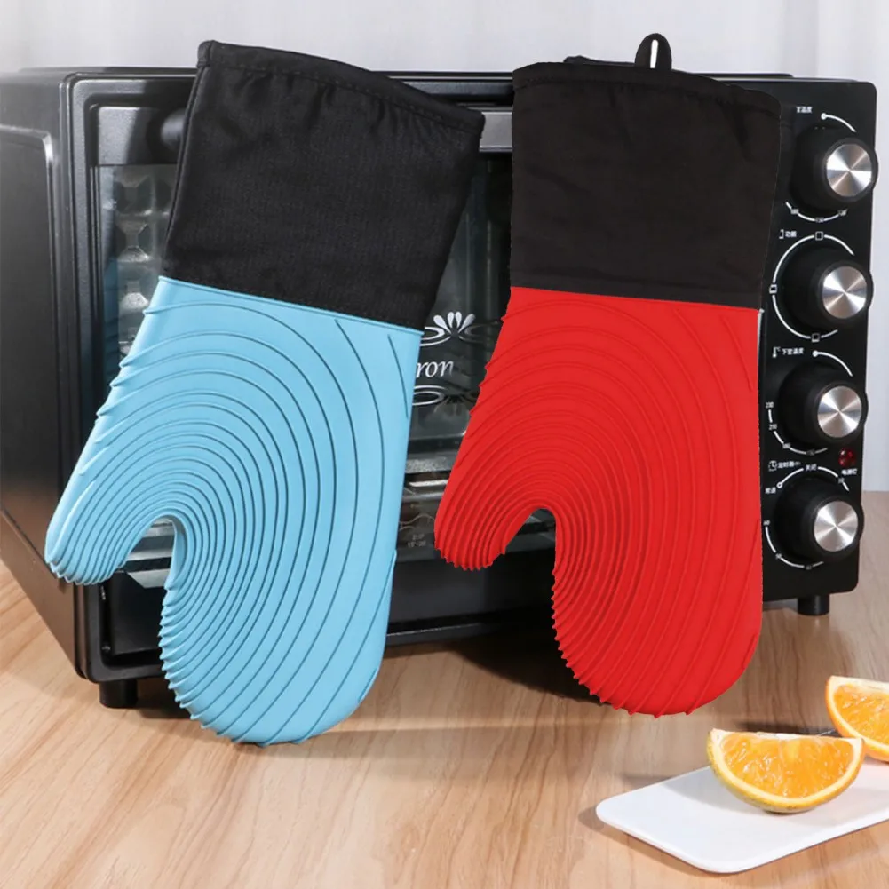 

1 Pair Kitchen Oven Gloves Silicone and Cotton Double-Layer Heat Resistant Oven Mitts BBQ /Grill Gloves for Baking Grilling