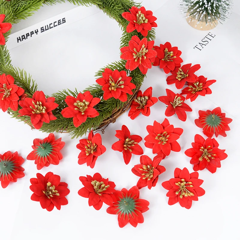 

10/20Pc Artificial Christmas Flowers Heads Xmas Tree Ornaments Xmas Decoration for Home DIY Flower Wreath Accessories Noel Gift