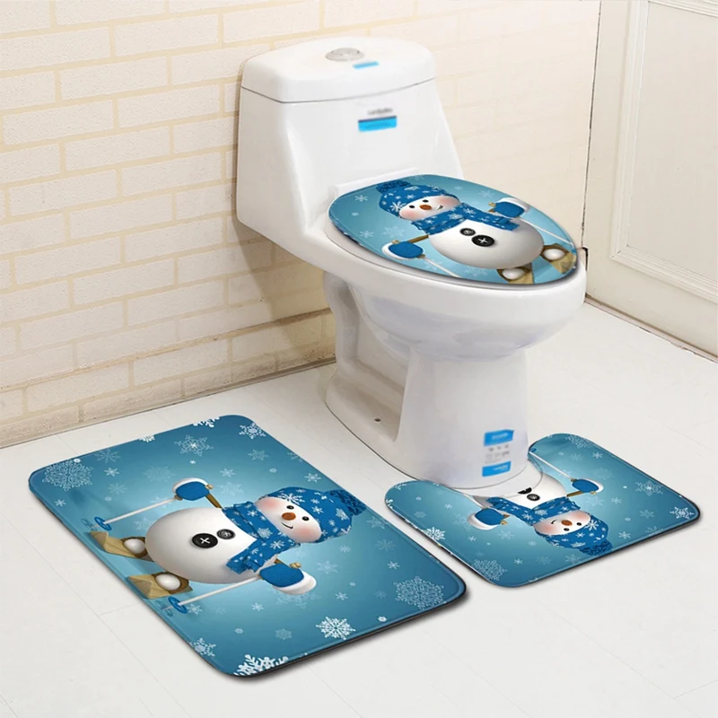 

3 Pcs Bathroom Rug Mats Set With Contour Mat Toilet Lid Cover Snowman Pattern Pedestal Mat Non Slip Bath Mat For Home