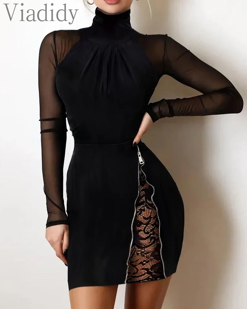 

Women Sexy Solid Color Sheer Mesh Contrast Lace Zipper Design Long Sleeve Bodycon Dress