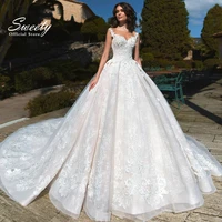 luxury wedding dress embroidered lace boat neck ball gowns sleevelesswith appliques sashes vestido de noiva plus size button