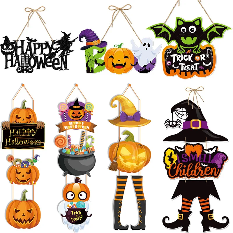 

Halloween Party Door Hanging Ornament Halloween Welcome Sign Pumpkin Ghost Home Door Pendents Witch Bat Trick or Treat Banner