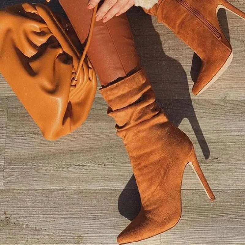 

Suede Women Shoes Designer Botas De Mujer Luxury Ankle Boots Point Toe Thin Heels Slip On Bottines Femmes Sexy Stiletto Biker